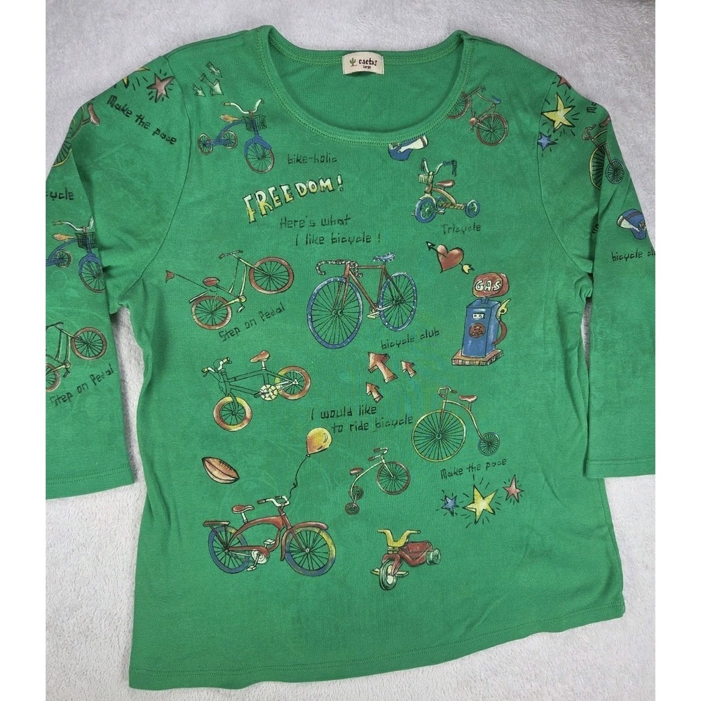 Cactus Womens Large Bicycle Print Graphic 3/4 Sleeve Shirt Green Bike Cycling L